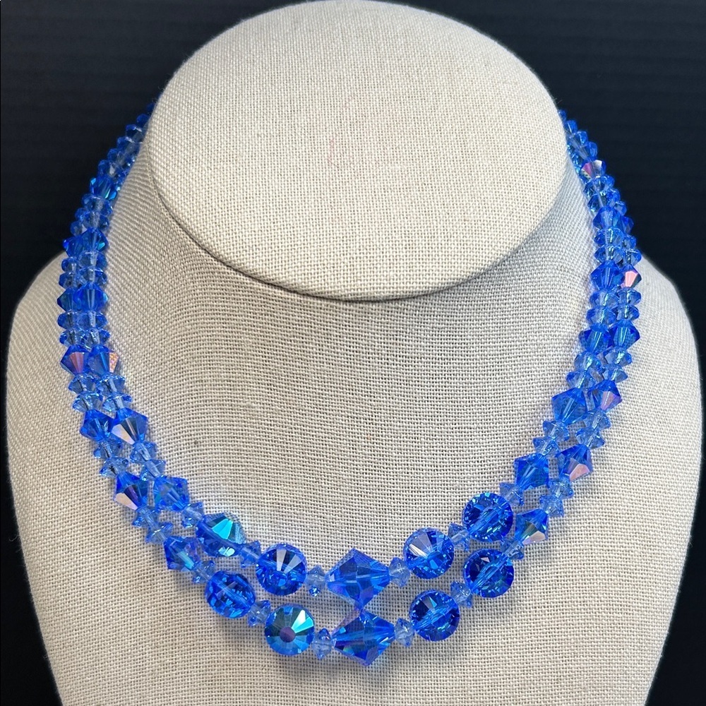 Vintage Double Strand Blue AB Crystal Necklace